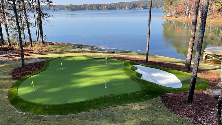 Innovative and durable artificial turf for custom putting green installations in Atlanta commercial and residential properties, providing a high-quality golfing experience.